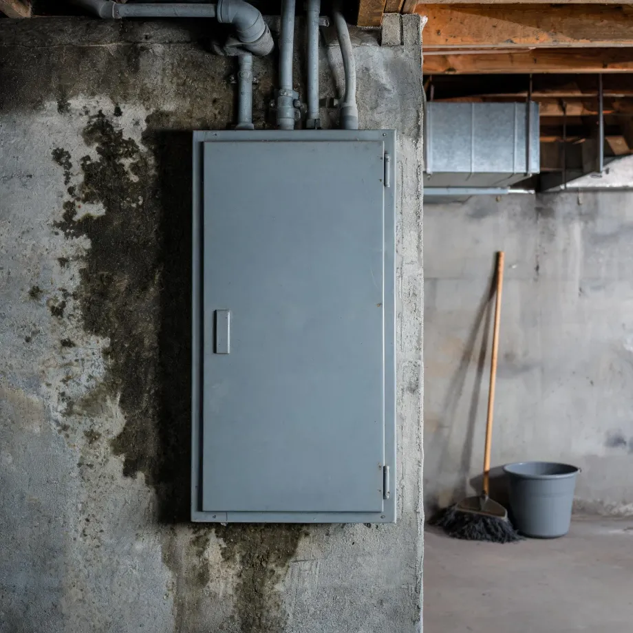A closed gray metal electrical panel mounted on a stained concrete basement wall with conduits entering from above, and a broom, bucket, and metal ductwork under wooden joists in the background.