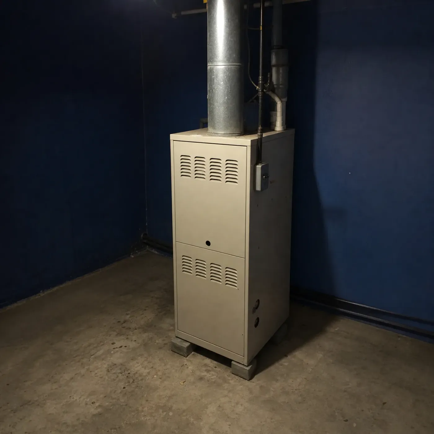 A beige upright furnace with louvered panels stands on concrete blocks in a basement corner with dark blue walls, connected to a metal flue pipe and gas piping.