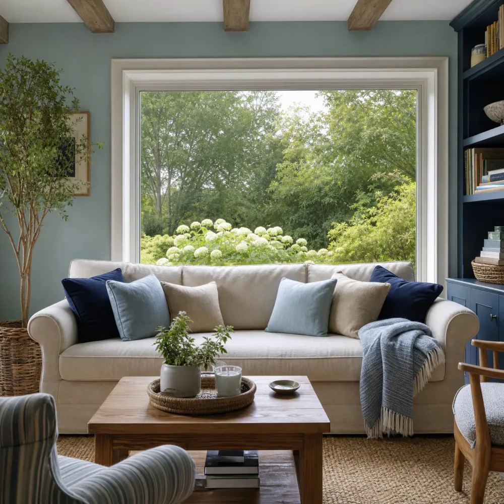Living room with a beige sofa holding navy and light blue cushions under a large window overlooking green trees and white hydrangeas, a wooden coffee table with a woven tray, potted plant and candle, a navy bookcase at right, and a striped armchair in the foreground.