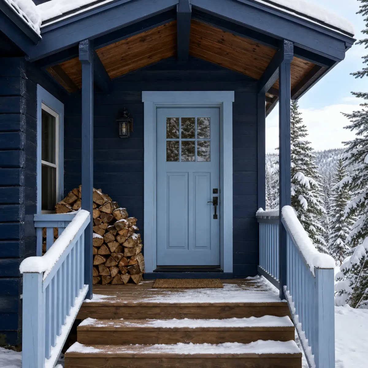 A navy-painted cabin entry with a light blue door, covered porch, stacked firewood, snow-dusted wooden steps and railings, and snow-covered conifers in the background.