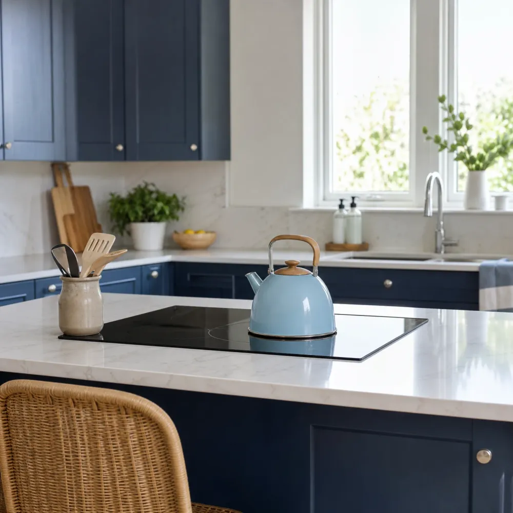 A kitchen island with a white stone countertop holding a black induction cooktop, a light blue stovetop kettle with a wooden handle, and a ceramic jar of wooden utensils, with navy cabinets, a sink under a window, and a wicker chair in the foreground.