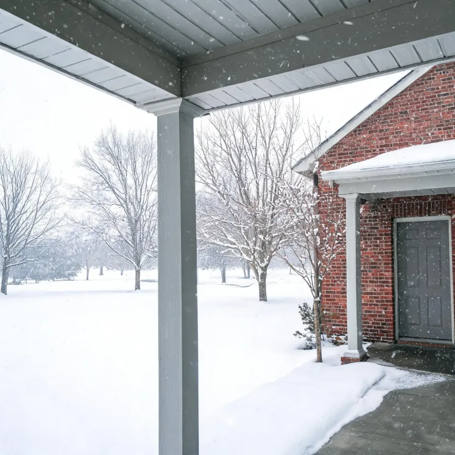 View from under a covered porch with a gray post toward a red brick house with a gray door, bare trees and deep snow during falling snow.