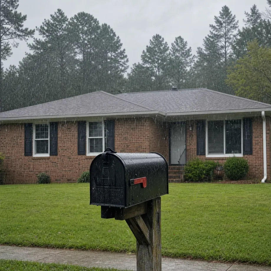 A black mailbox on a weathered wooden post in the foreground during rain, with a single-story brick house with a gray shingled roof and dark shutters behind it, backed by tall pine trees under an overcast sky.