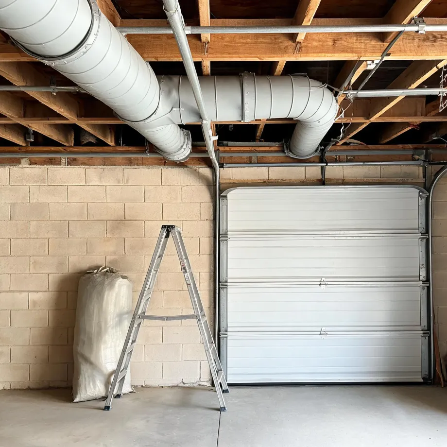 Interior of a garage with exposed wood joists and large round metal ducts overhead, a concrete block wall, a folding aluminum step ladder, a filled fabric sack on the floor, and a closed white sectional garage door.