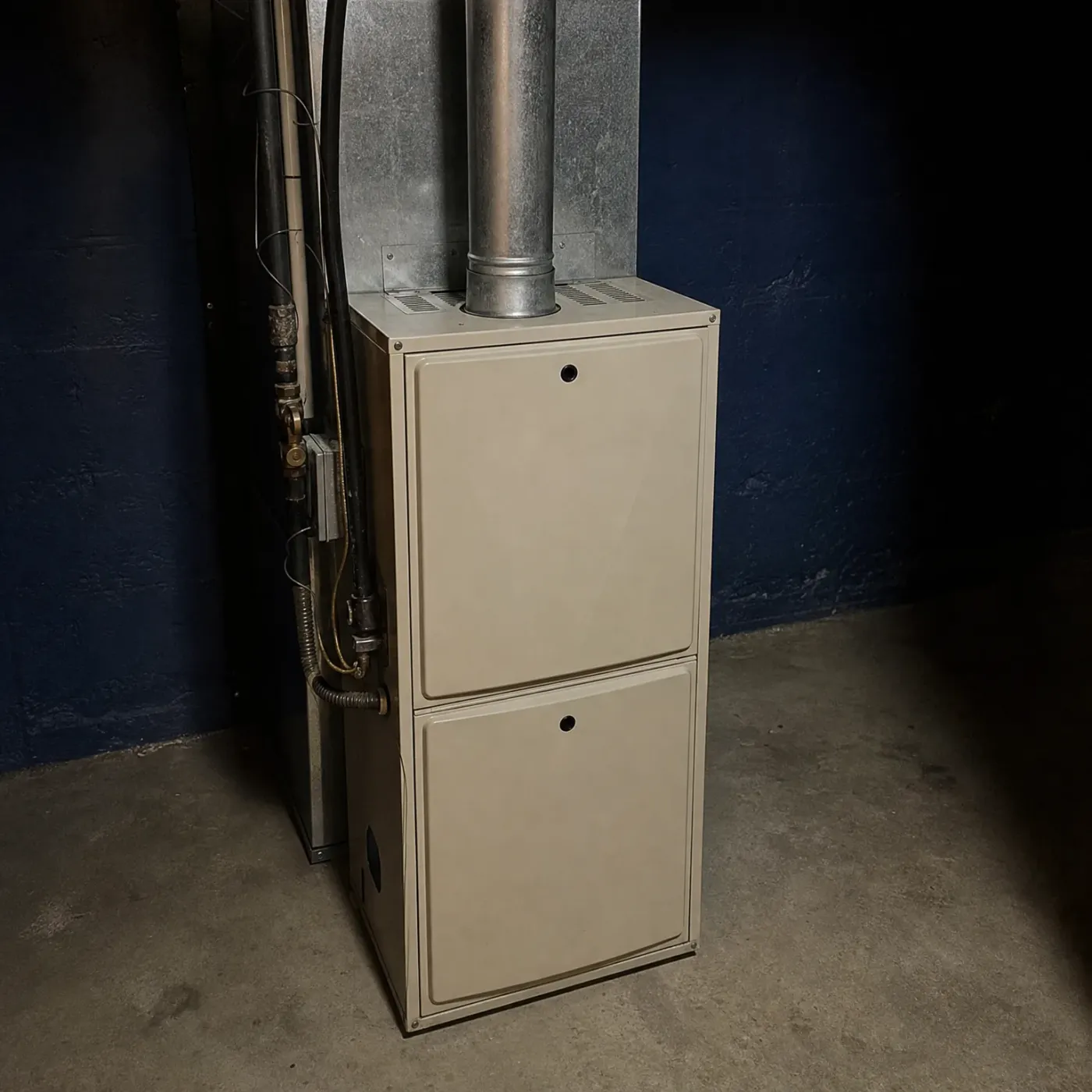 A beige gas furnace with two access panels stands on a concrete floor against a dark blue wall, with a metal flue pipe and plenum above and pipes and wiring to its left.