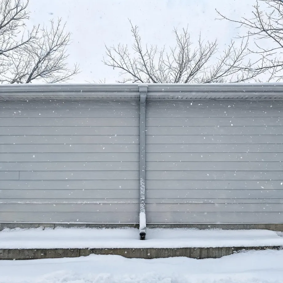 Gray horizontal lap siding on a building wall with a central downspout, seen during falling snow, with snow-covered ground and bare tree branches above the roofline.