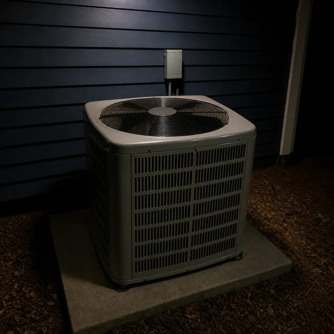 An outdoor condenser unit with a top-mounted fan grille sits on a concrete pad beside dark horizontal lap siding, with a small electrical disconnect box on the wall above and mulch surrounding the pad.