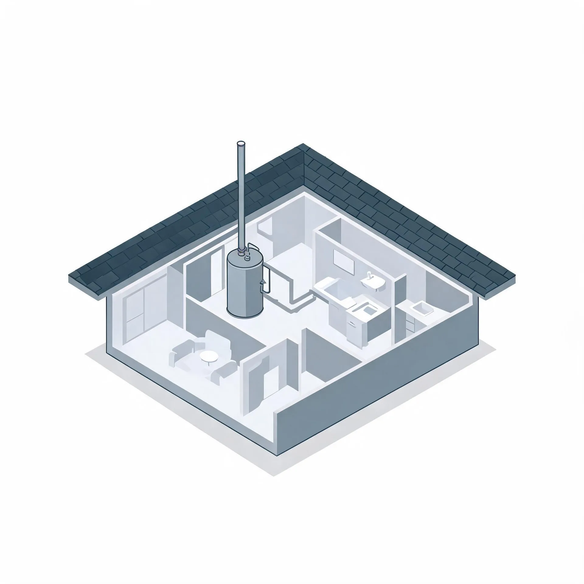 Isometric cutaway illustration of a small single-story house showing interior rooms with furniture, a kitchen and bathroom fixtures, a large cylindrical water heater with a tall flue pipe rising through the dark shingled roof.