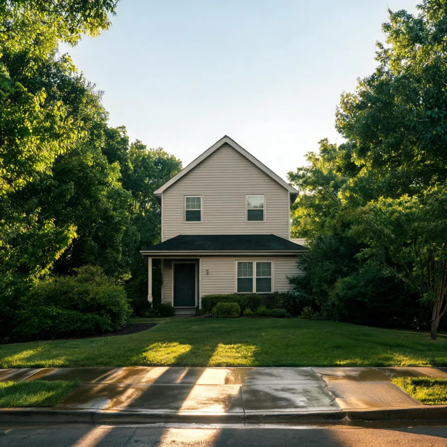 A two-story house with light beige horizontal siding, a gabled roof, a small covered front porch with dark door, and shrubs along the foundation, set behind a mown lawn and wet sidewalk with large leafy trees on both sides.