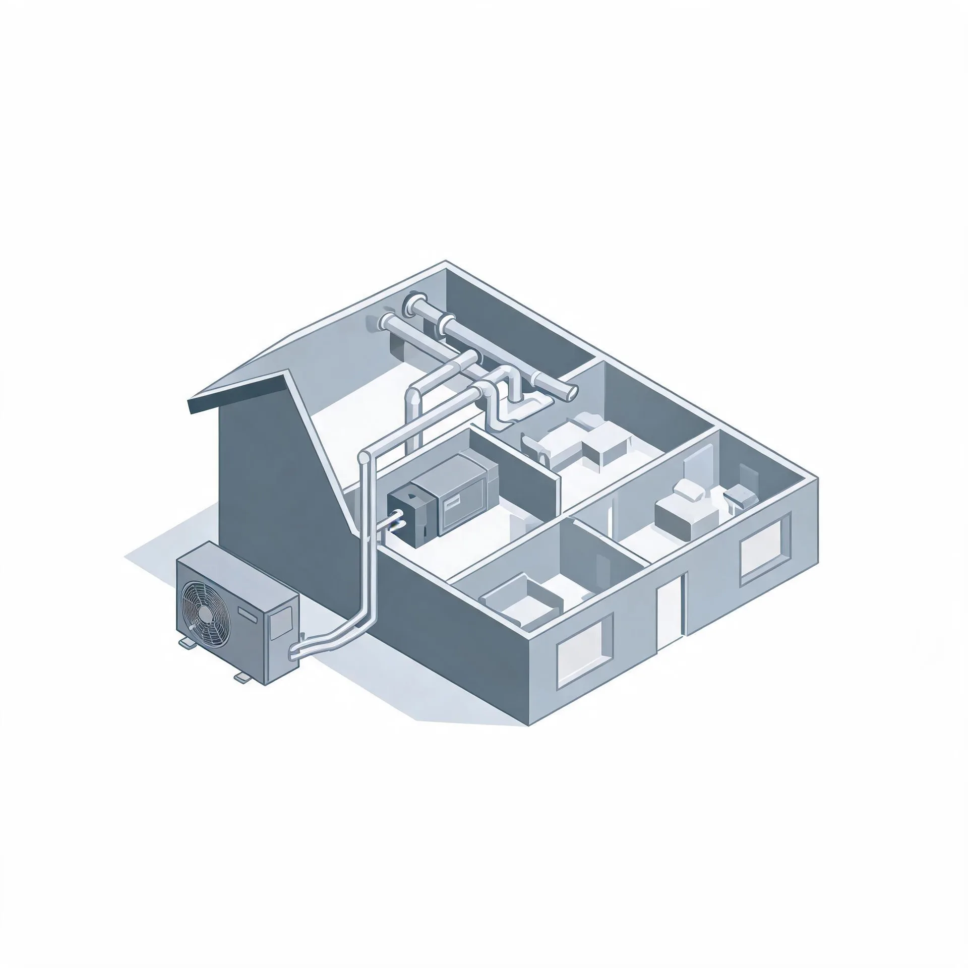 Isometric grayscale illustration of a cutaway house showing interior rooms, ducted air handler and duct runs, connected by pipes to an outdoor condenser unit beside the building.
