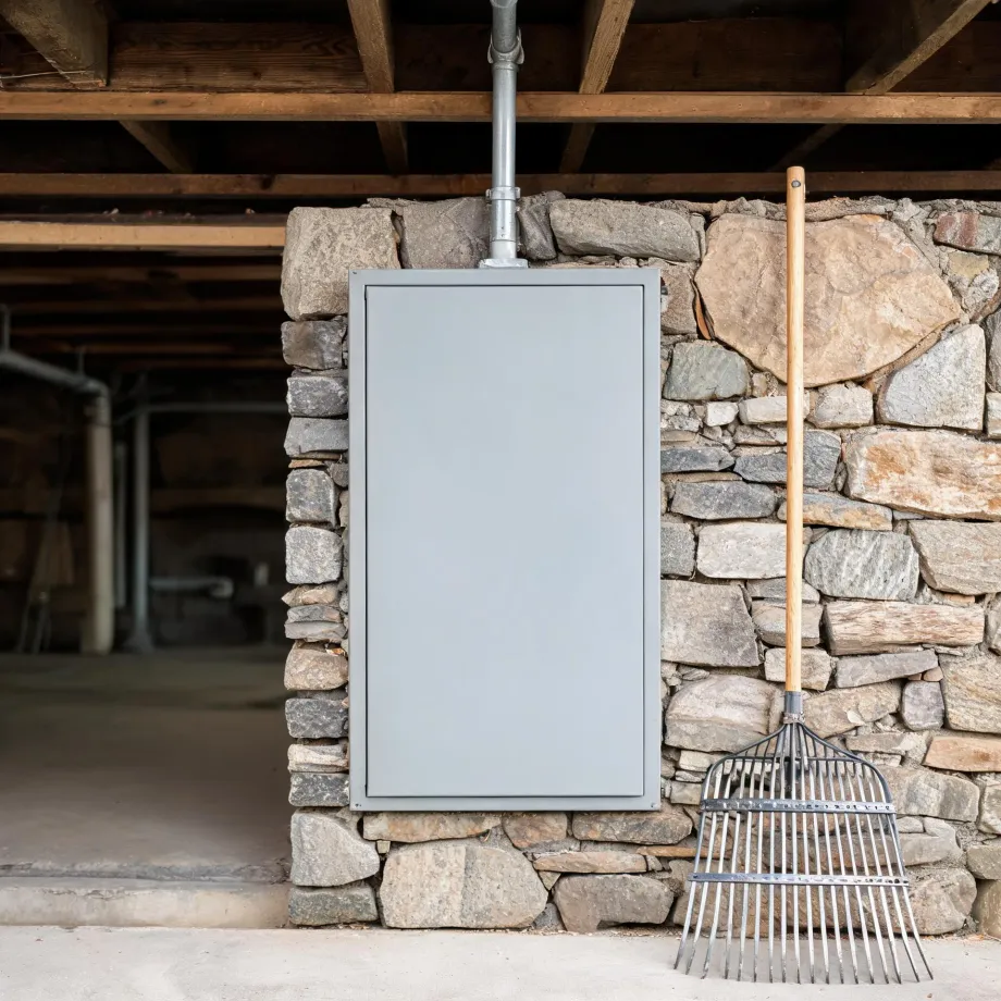 A blank gray rectangular panel mounted on a dry-stone wall under wooden floor joists, with a metal pipe above it and a wooden-handled leaf rake leaning against the stone to the right.