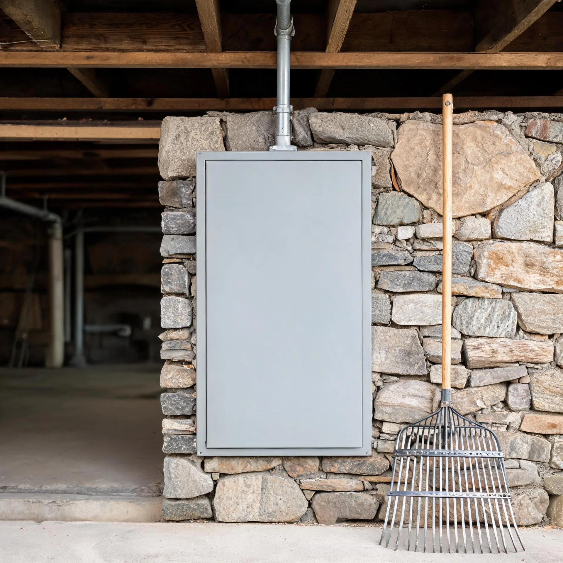 A blank gray rectangular panel mounted on a dry-stone wall under wooden floor joists, with a metal pipe above it and a wooden-handled leaf rake leaning against the stone to the right.