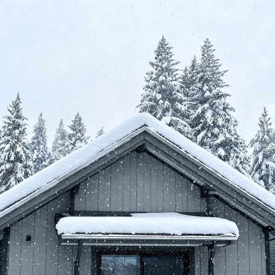 The gable end of a dark gray vertical-board house with snow piled on its roof and porch overhang, with snow-covered conifers and falling snow behind it.