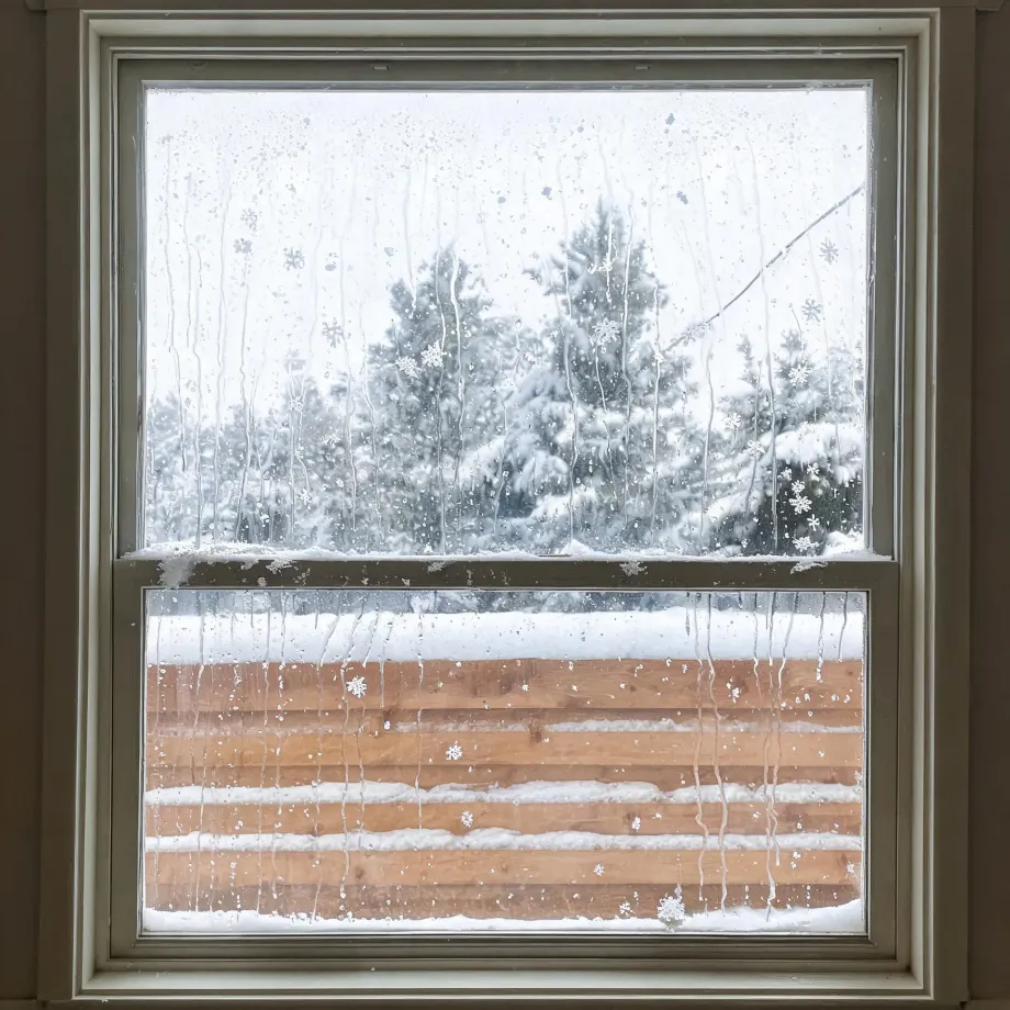 View through a double-hung window with condensation streaks and snowflakes on the glass, showing snow-covered evergreen trees above and a snow-topped horizontal wood fence below.