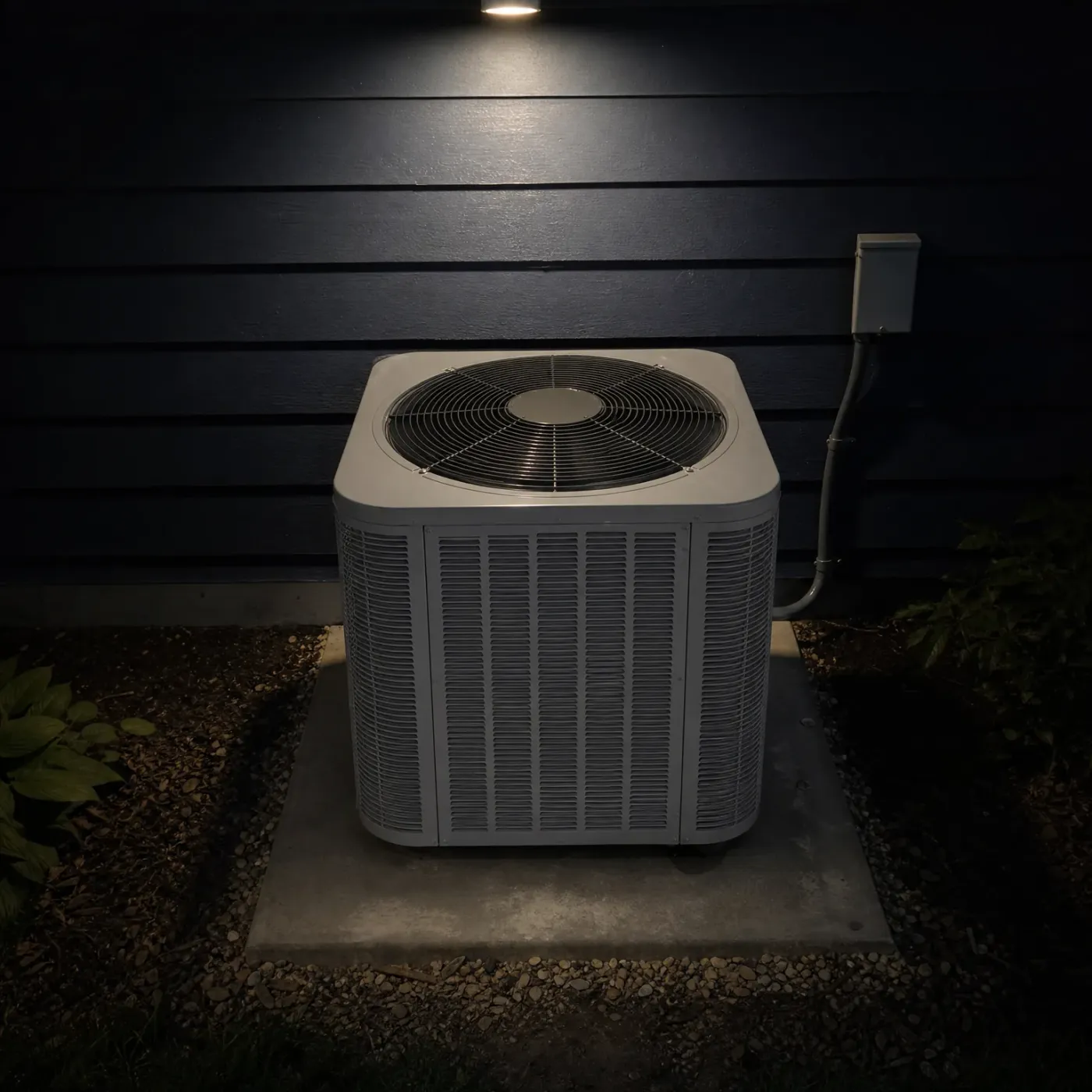 An outdoor air conditioning condenser unit on a concrete pad against a dark horizontal-sided wall at night, lit by a wall light, with conduit and an electrical disconnect box to the right and gravel and plants around the pad.
