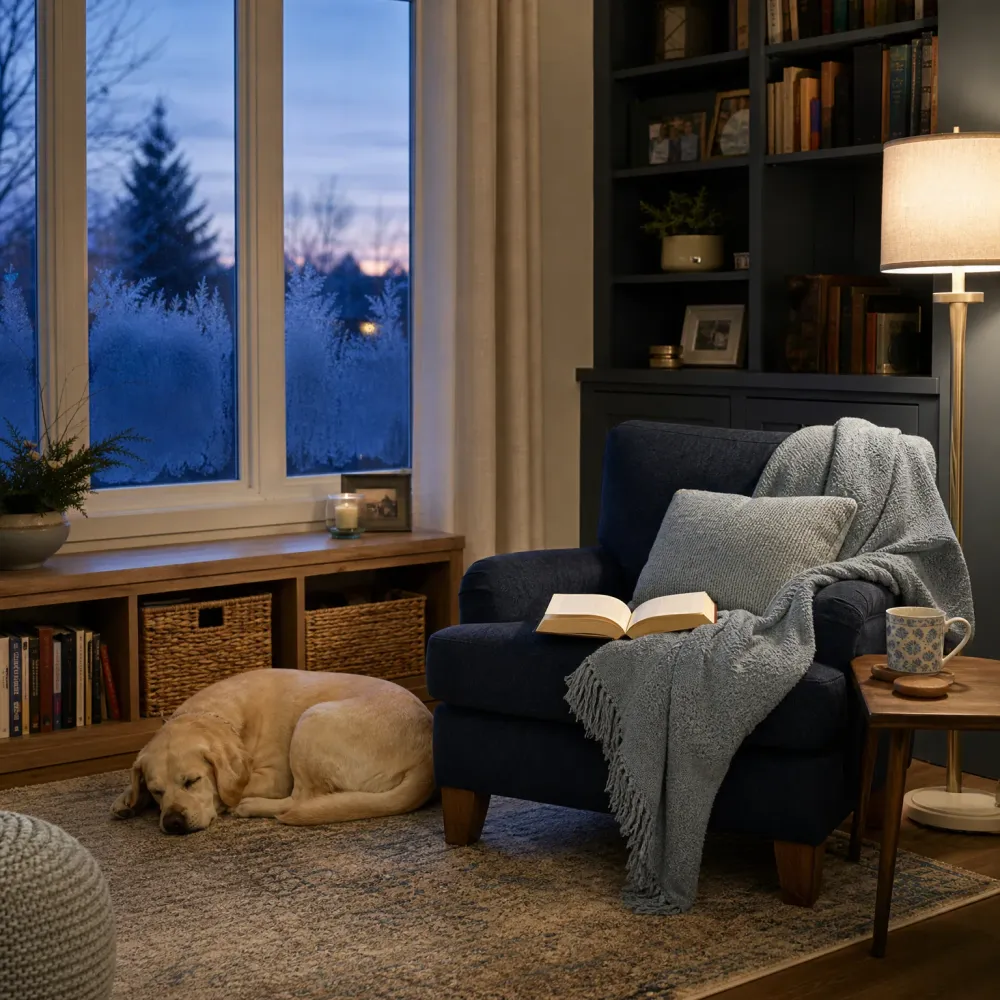 A dimly lit living room at dusk with a navy armchair holding an open book, pillow and gray throw, a yellow dog sleeping on a patterned rug, a lit floor lamp and side table with a mug, and frost-edged windows showing evergreen trees outside.