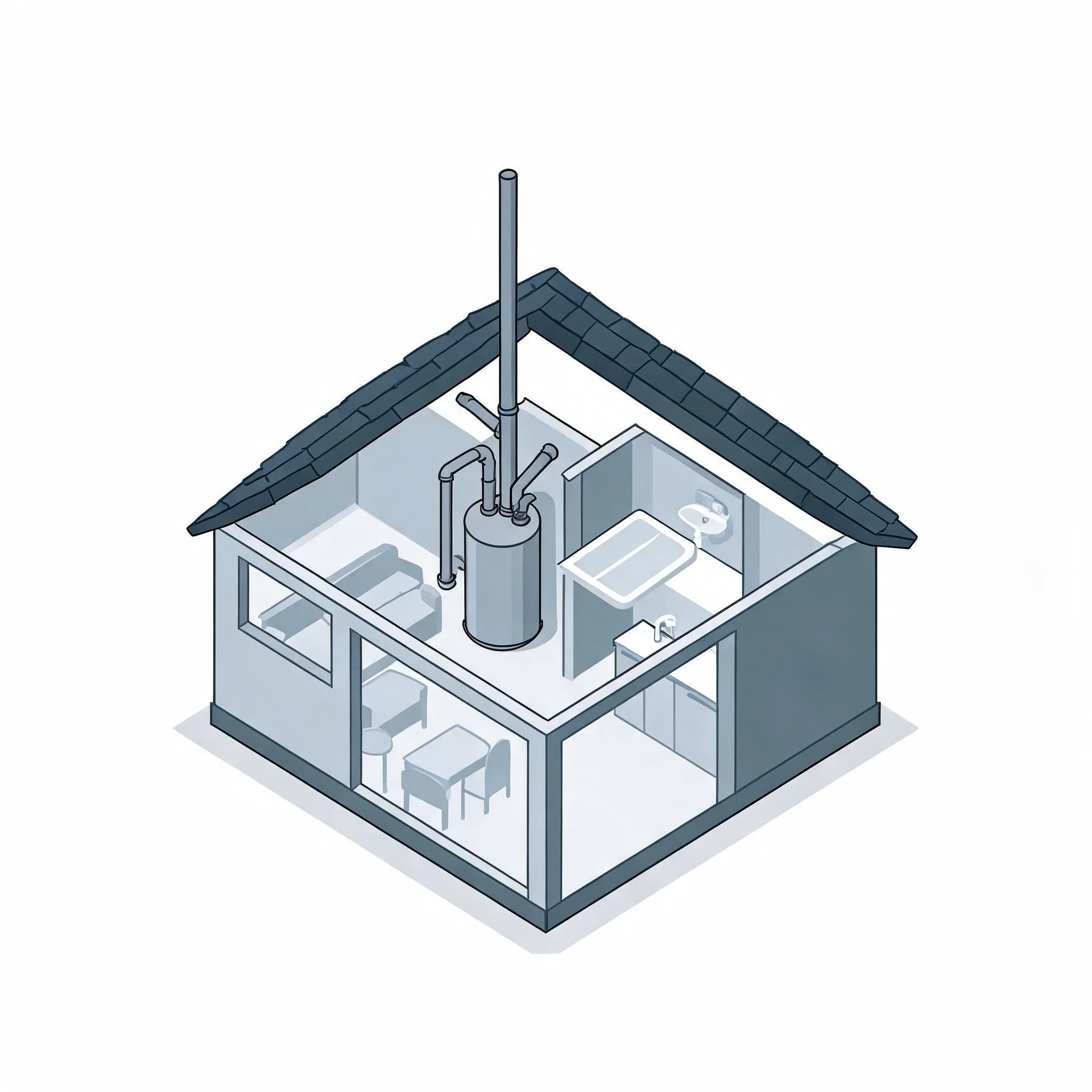 Isometric cutaway illustration of a small single-story house in grey tones, showing a cylindrical water heater with pipes and a tall flue extending through the tiled roof, alongside a bathroom with tub and sink and a room with a table and chairs.