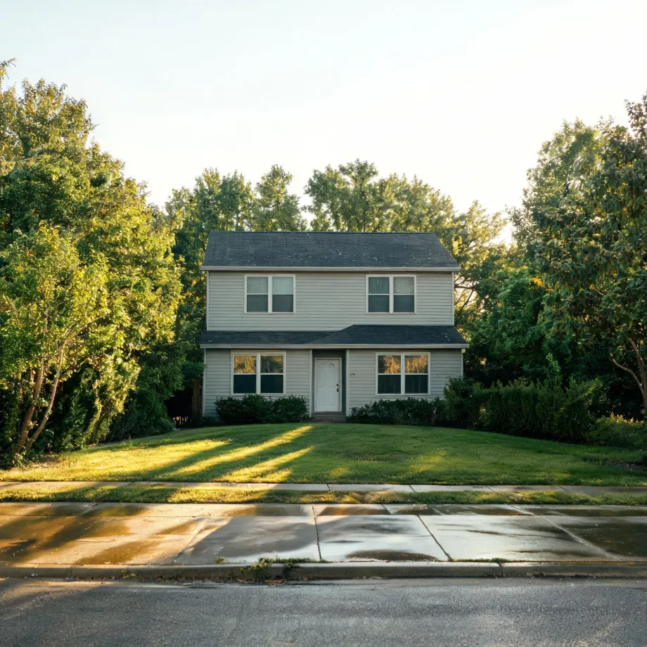 A two-story house with light horizontal siding, a dark shingled roof, and a white front door, set behind a mown lawn with a concrete sidewalk and street in the foreground and leafy trees on both sides.