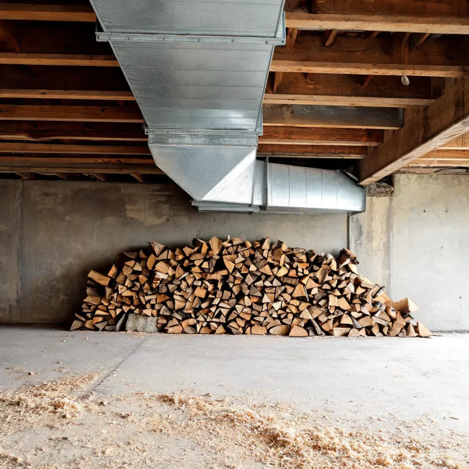 A basement interior with exposed wooden floor joists and galvanized sheet-metal ductwork above a concrete wall, with a long pile of split firewood stacked on the concrete floor and sawdust scattered in the foreground.