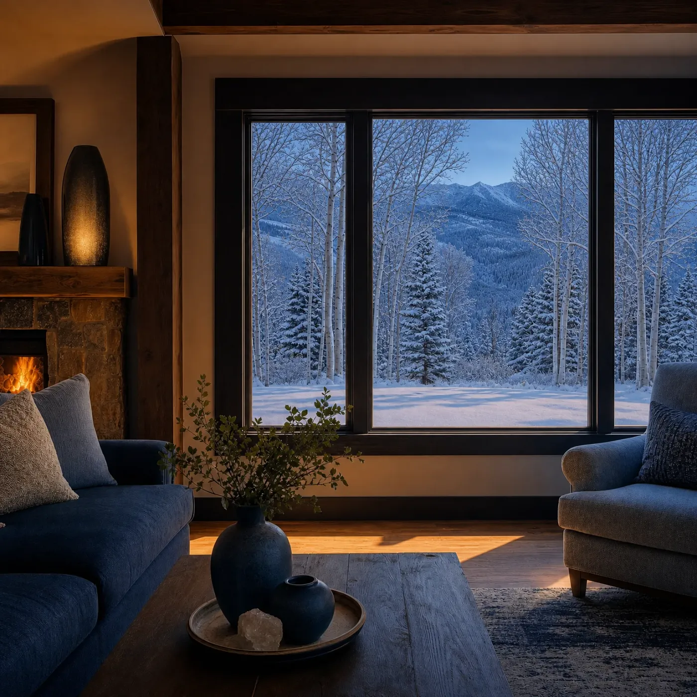 A dimly lit living room with a blue sofa, armchair, stone fireplace and wooden coffee table holding ceramic vases, facing a large dark-framed window showing snow-covered conifers, bare trees and a mountain at dusk.