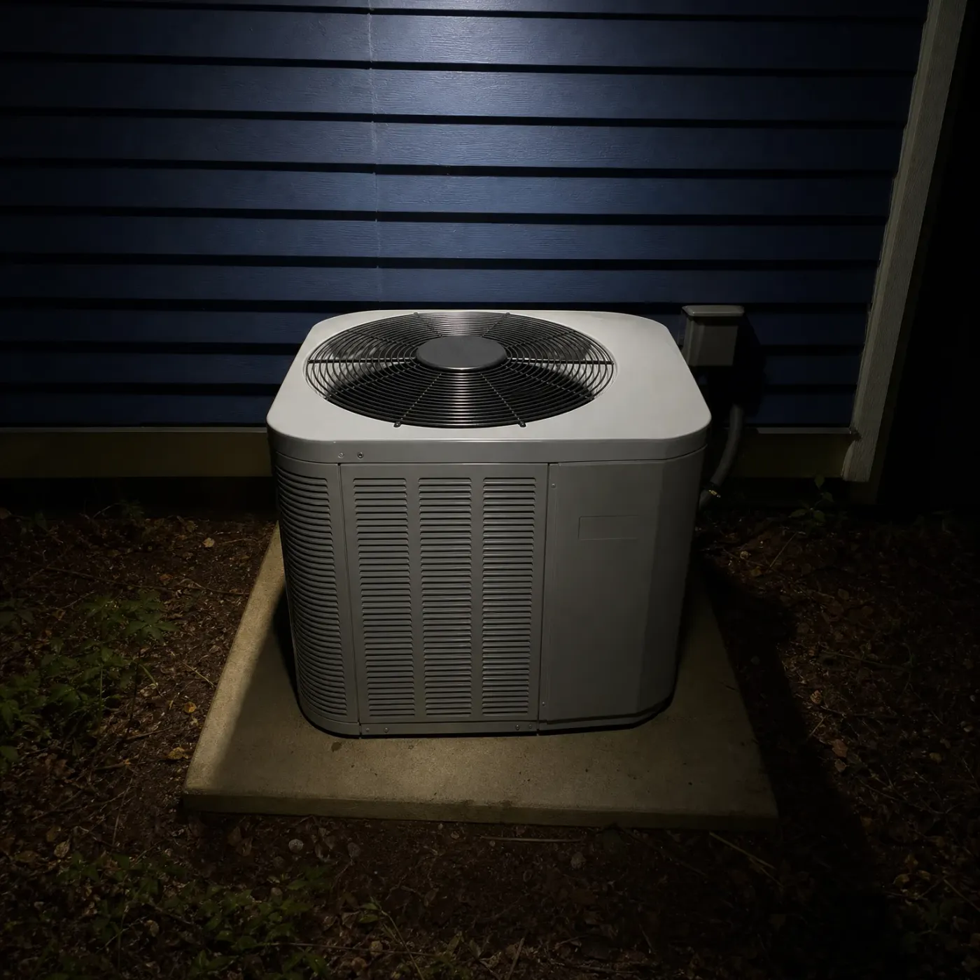 An outdoor air conditioning condenser unit on a concrete pad beside a dark blue horizontal-lap sided wall, lit at night with an electrical disconnect box and conduit on the wall behind it.