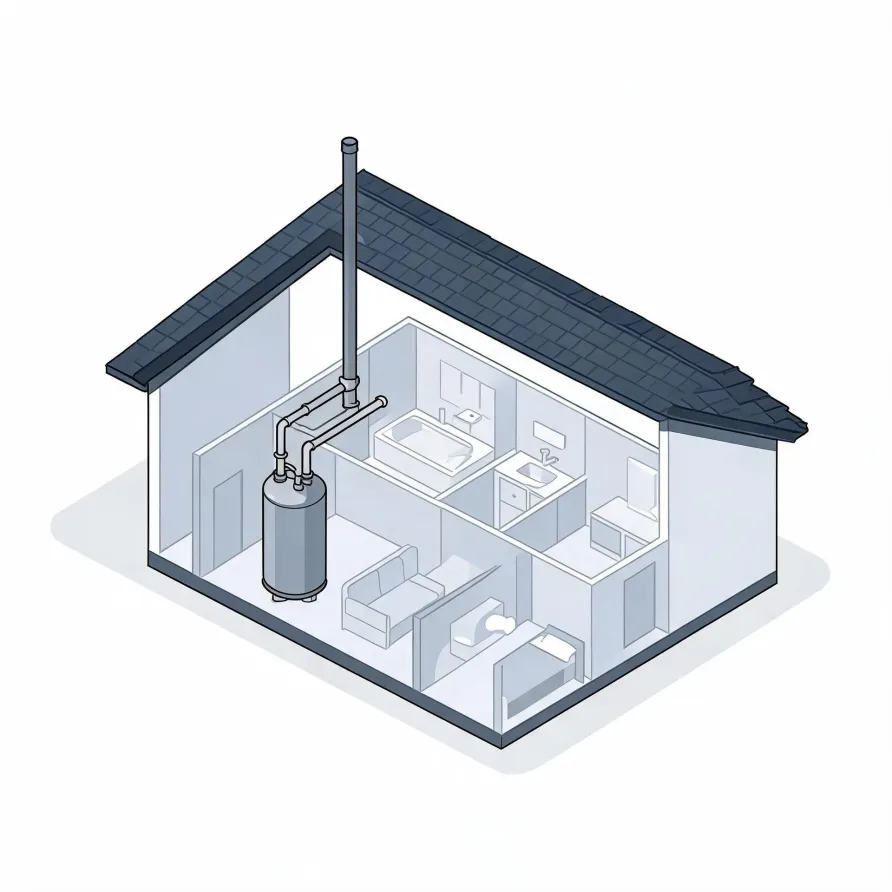 Isometric cutaway illustration of a small single-story house showing interior rooms with a bathtub, sink, sofa and bed, and a cylindrical water heater with connected pipes and a tall flue extending through the roof.