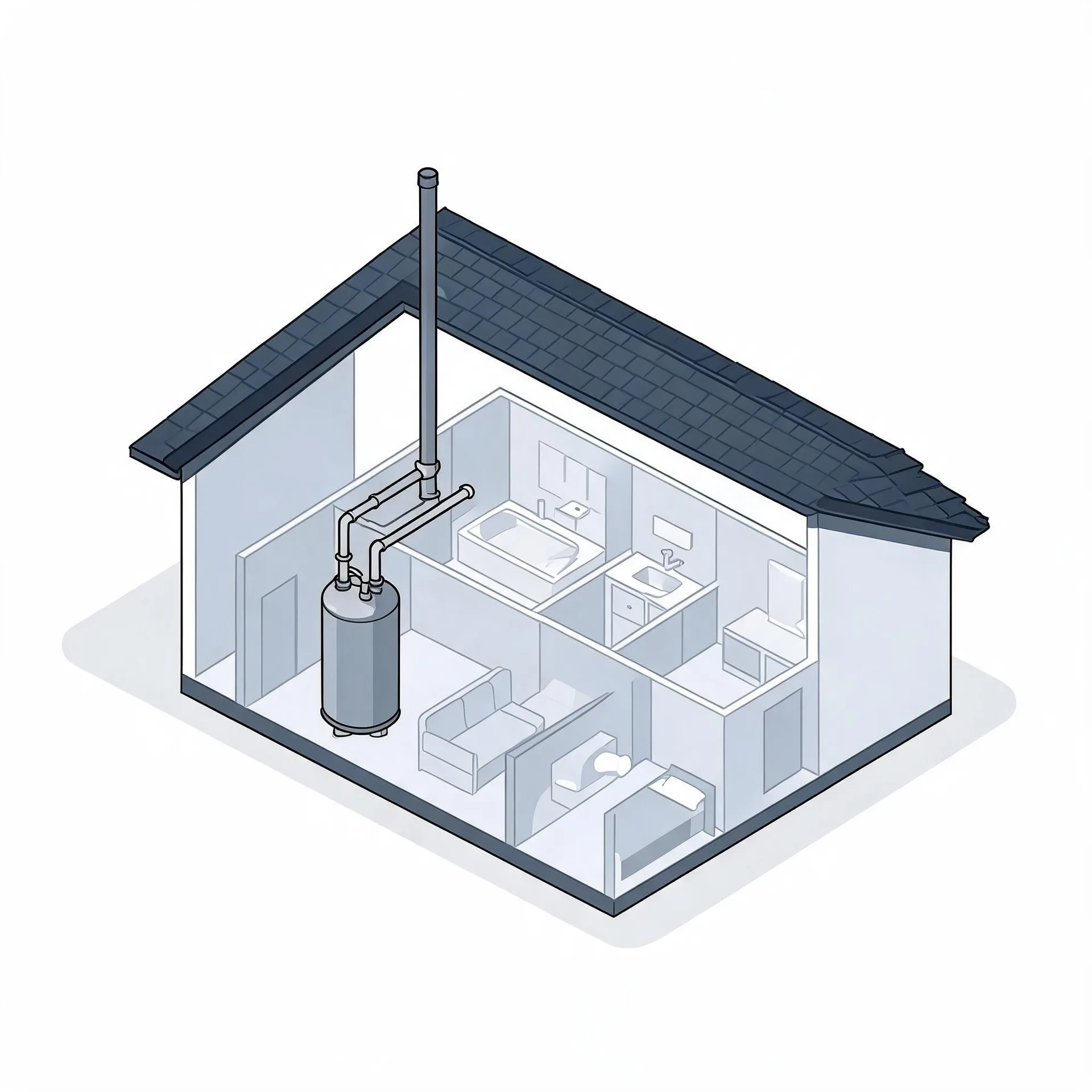 Isometric cutaway illustration of a small single-story house showing interior rooms with a bathtub, sink, sofa and bed, and a cylindrical water heater with connected pipes and a tall flue extending through the roof.