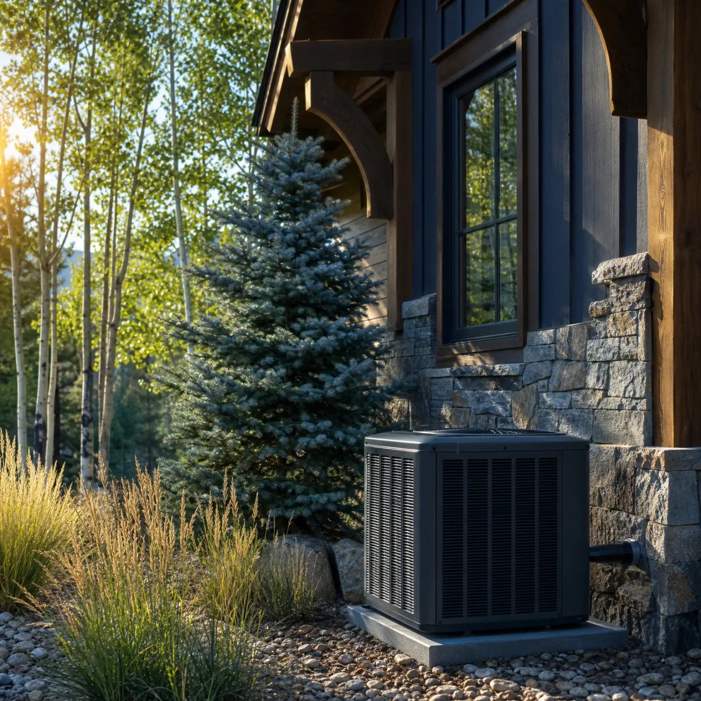 A dark outdoor air conditioner condenser unit sits on a concrete pad beside a house with stone veneer and dark wood siding, surrounded by gravel, ornamental grasses, a spruce tree and aspens.