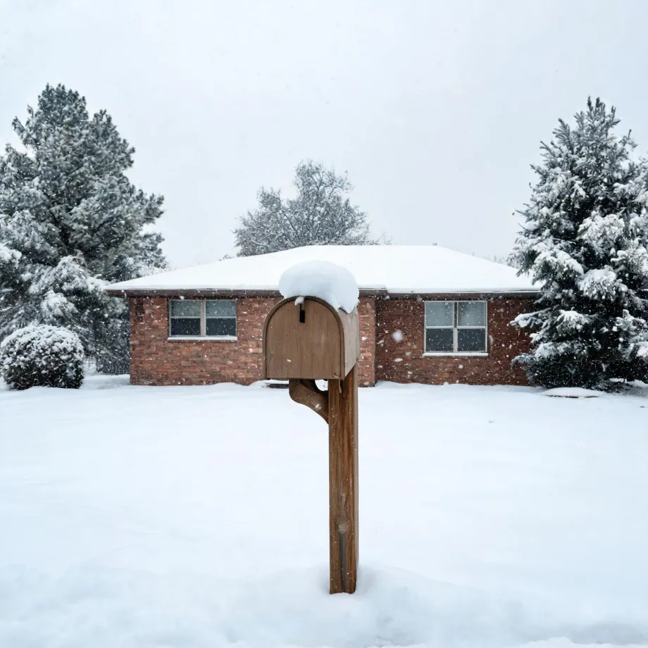 A snow-covered wooden mailbox on a post stands in a snowy yard in front of a single-story brick house with pine trees on either side during falling snow.