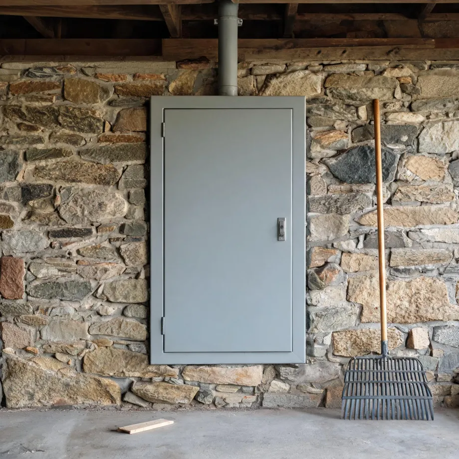 A gray metal access door with a vertical handle set into a rough stone wall under wooden beams, with a metal pipe above it, a rake leaning to the right, and a wood scrap on the concrete floor.