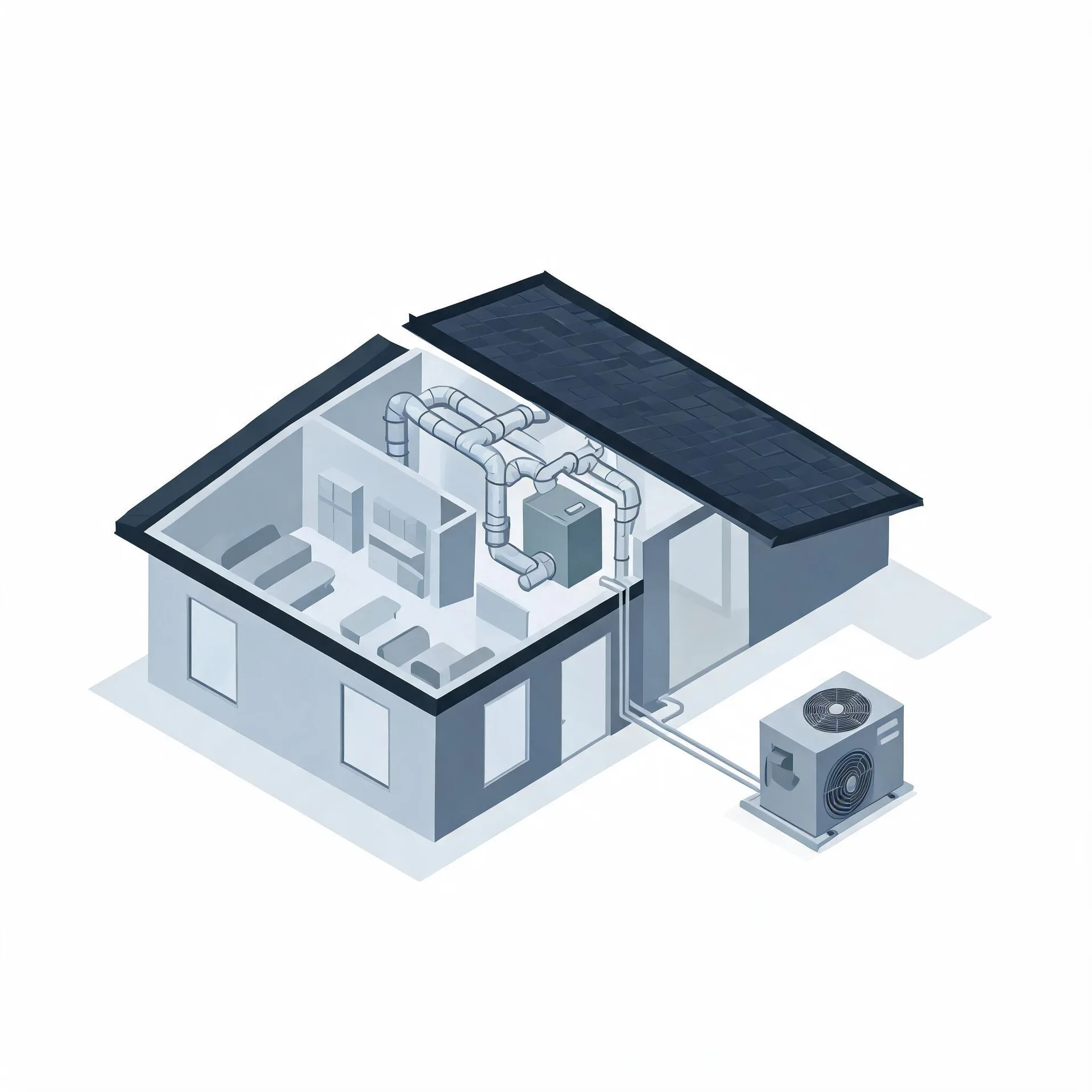 Isometric illustration of a cutaway single-story house showing interior ductwork and an air handler connected by lines to an outdoor condenser unit on a pad beside the building.