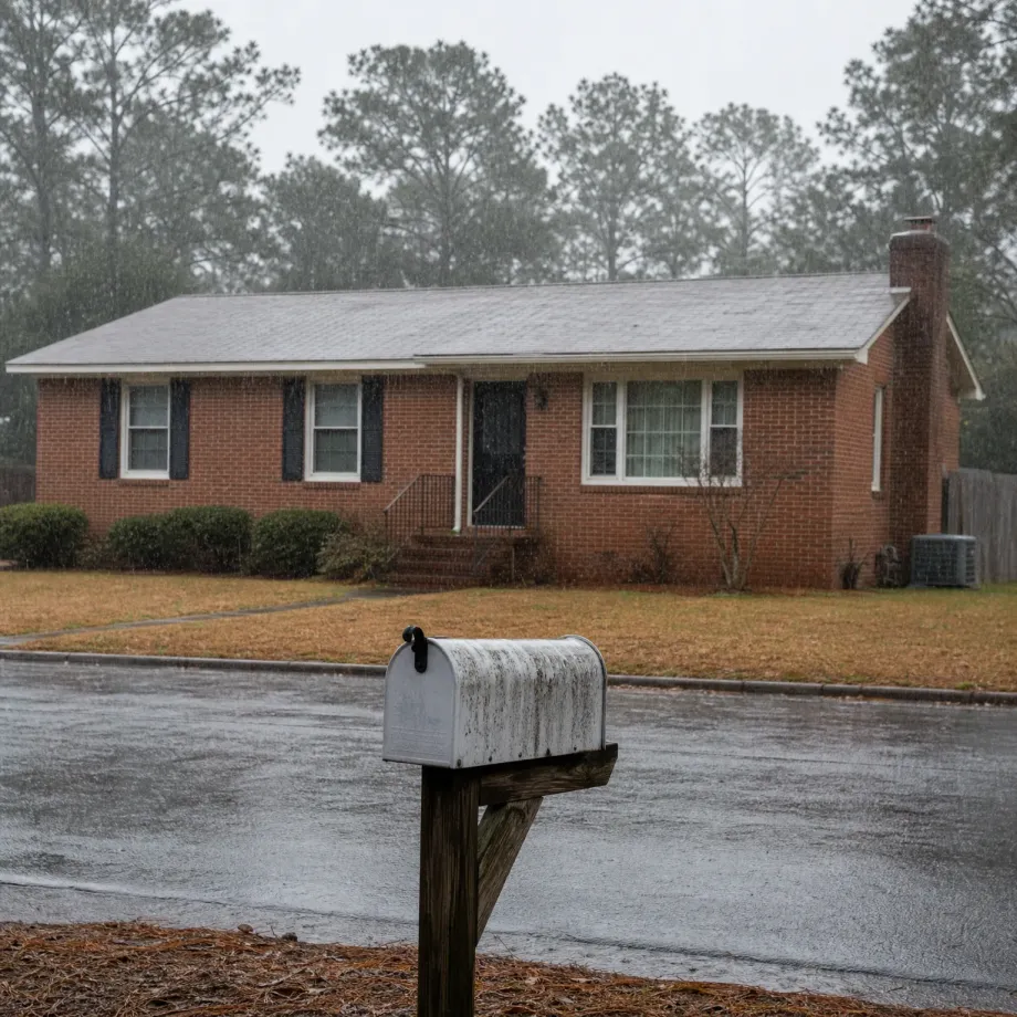 A single-story red brick ranch house with dark shutters and a brick chimney sits behind a dormant tan lawn during rain, with a weathered metal mailbox on a wooden post in the foreground beside a wet street and tall pines behind the house.