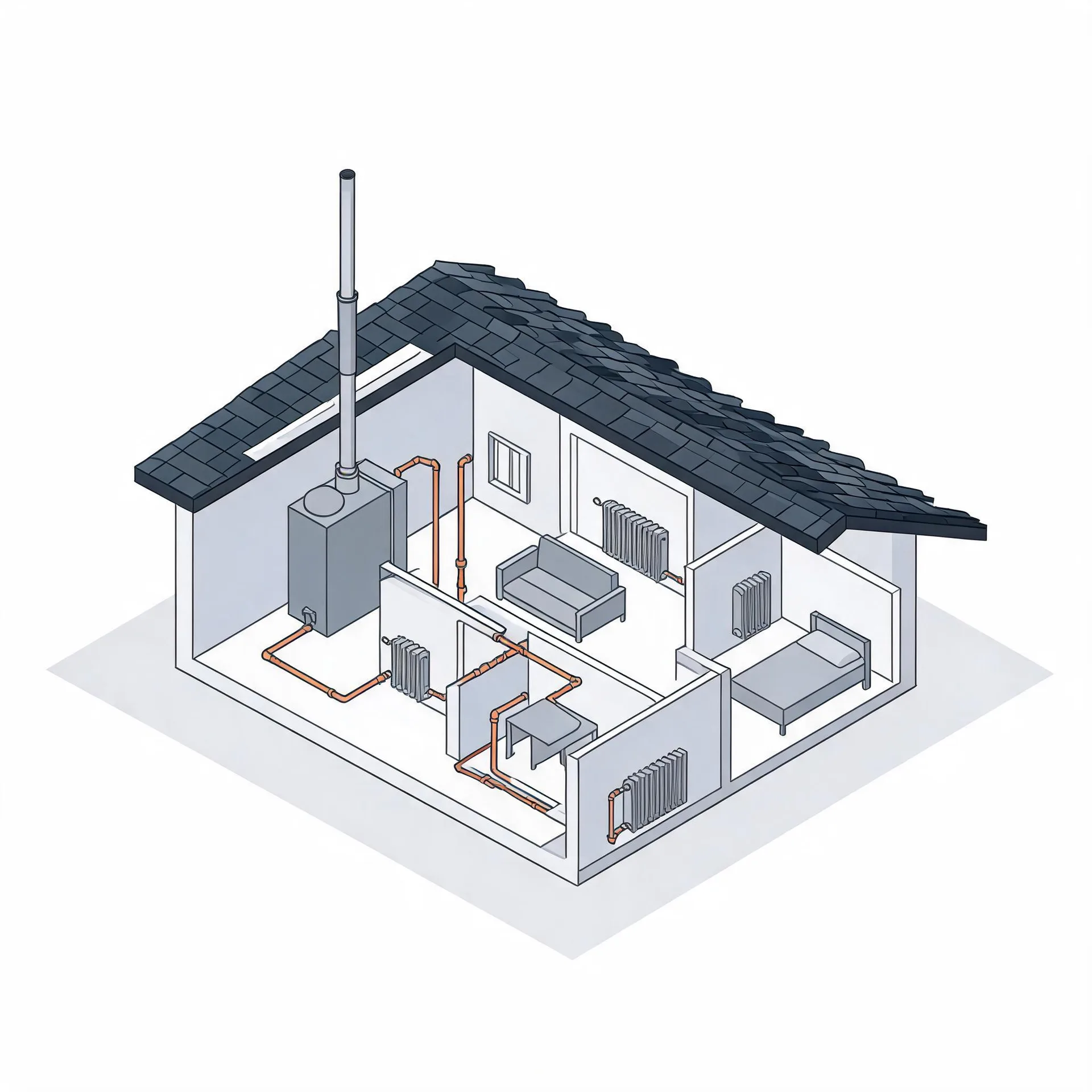 Isometric cutaway illustration of a small single-storey house showing a wall-mounted boiler with flue, copper pipework running to radiators in several rooms furnished with a sofa, table and bed, under a dark tiled roof.