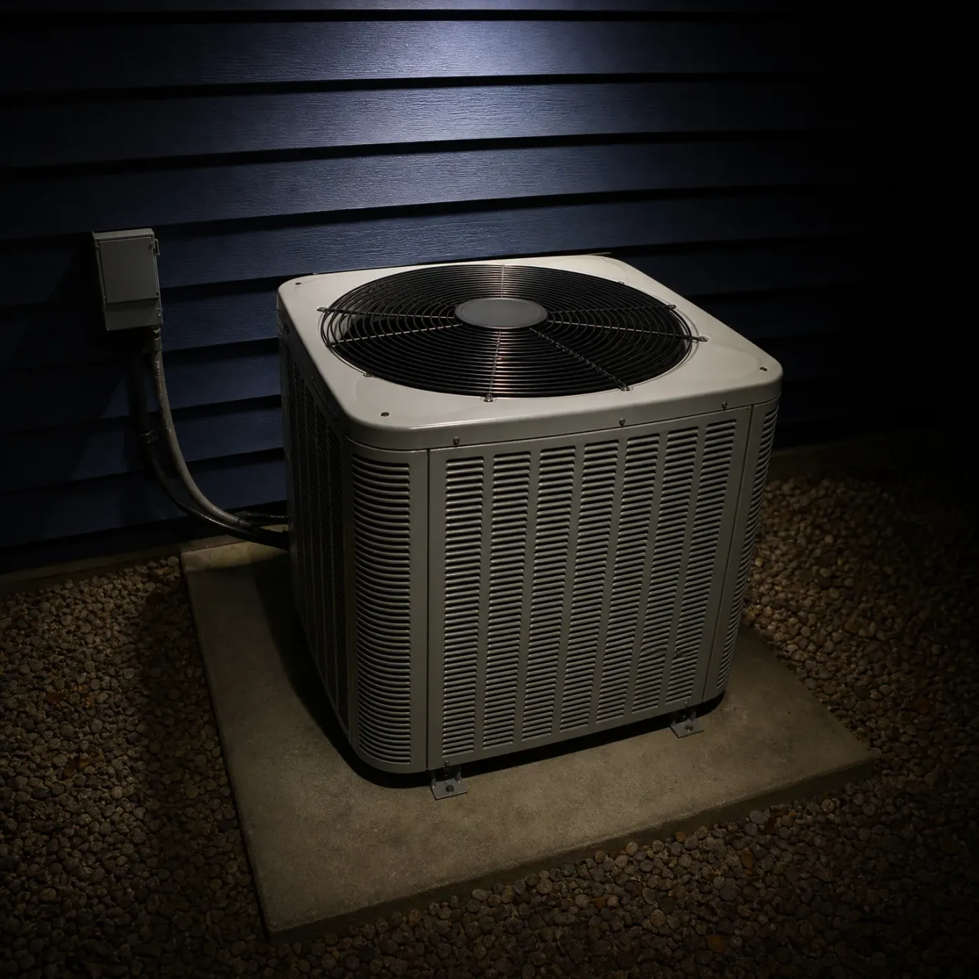 An outdoor air conditioner condenser unit with a top fan grille sits on a concrete pad surrounded by gravel, next to dark horizontal siding with a wall-mounted disconnect box and refrigerant lines.