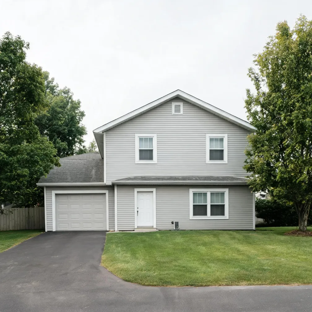Two-story gray vinyl-sided house with white trim, a single-car attached garage, white front door, and asphalt driveway, surrounded by mown lawn and deciduous trees under an overcast sky.