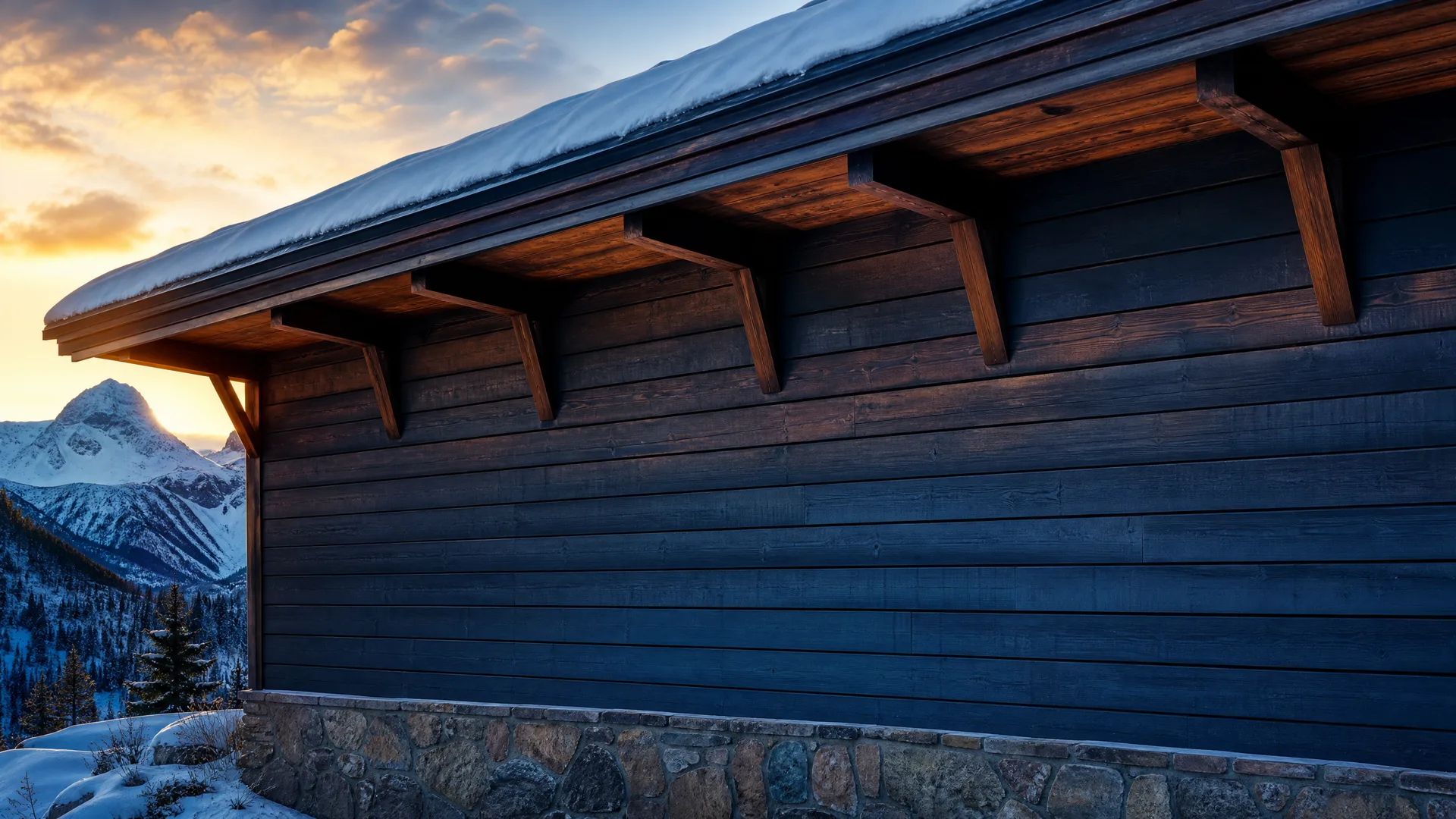 Exterior of a dark-stained timber building with exposed roof beams, a snow-covered eave and stone foundation, with snowy mountains and a sunset sky at left.