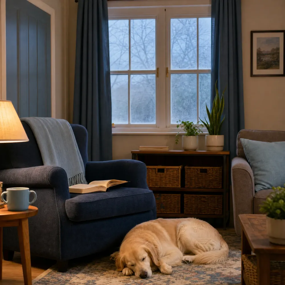 A dimly lit living room with a navy armchair holding an open book, a lit table lamp, a window with blue curtains, potted plants, a storage console with wicker baskets, and a light-colored dog sleeping on a patterned rug.
