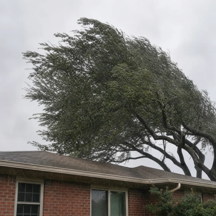 A large tree with foliage blown to one side by wind stands behind a single-story red brick house with a shingled roof and gutters under an overcast gray sky.