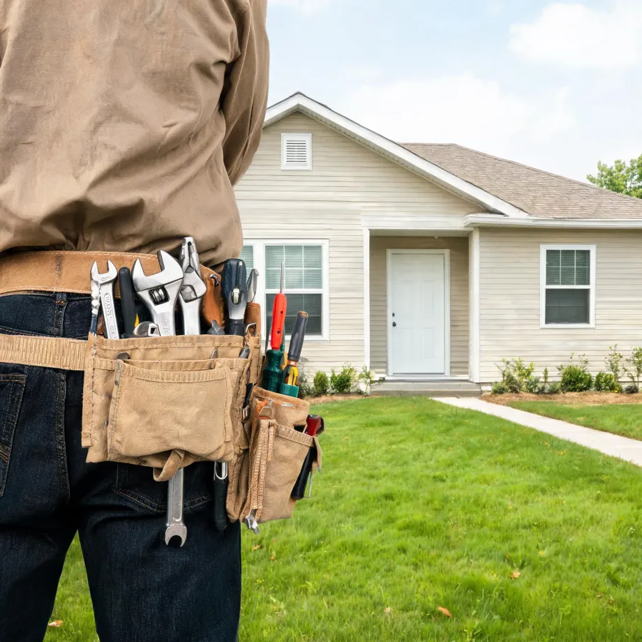 Close-up of a person in a tan shirt and jeans wearing a leather tool belt filled with wrenches, pliers and screwdrivers, standing on a lawn in front of a single-story house with light siding and a white front door.