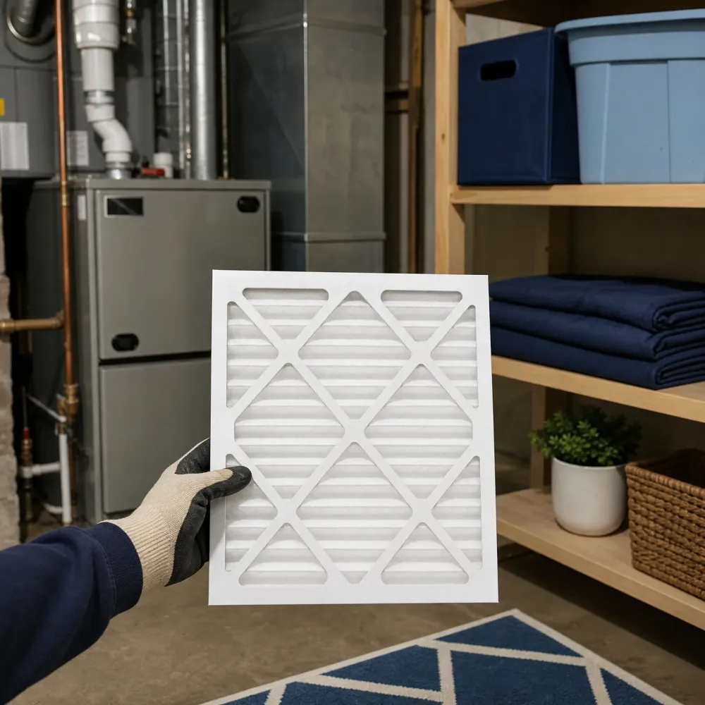A gloved hand holds a white pleated air filter in a basement utility area with a furnace, ductwork, and wooden shelves holding storage bins, folded blue fabric, a potted plant, and a woven basket.