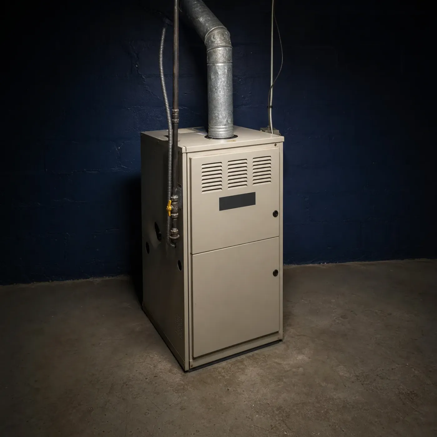 A beige gas furnace cabinet with a louvered upper panel stands on a concrete floor against a dark blue painted block wall, with a galvanized metal flue pipe, flexible conduit, and a gas line running up from it.