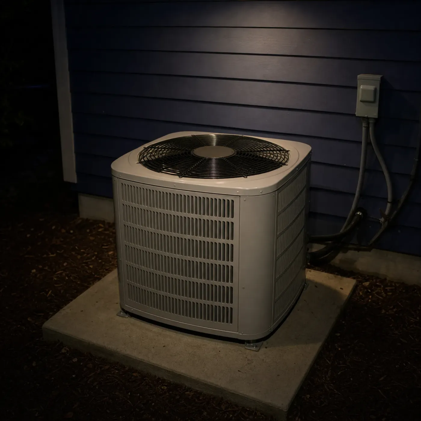 A beige outdoor condenser unit with a top fan grille sits on a concrete pad beside a dark blue horizontal-siding wall at night, with a wall-mounted disconnect box and conduit to the right.