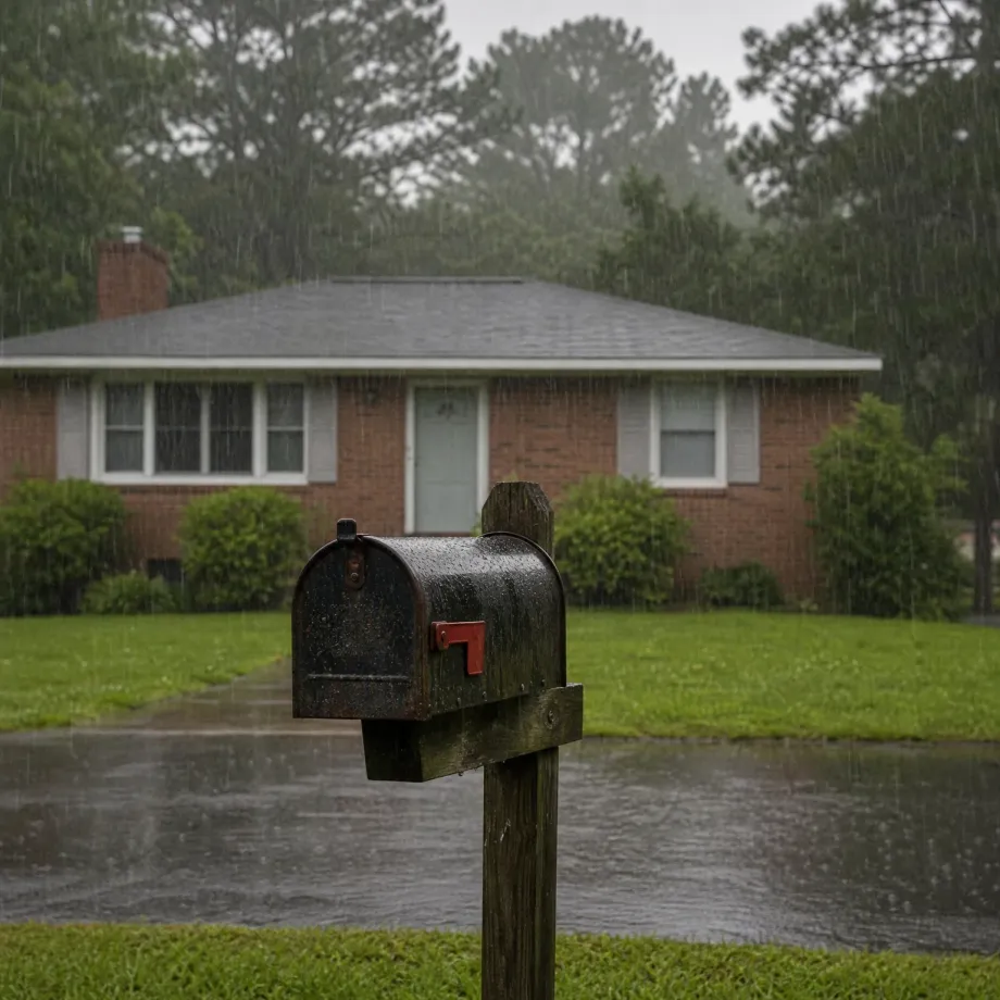 A weathered black mailbox on a wooden post in the foreground during heavy rain, with a single-story brick house, wet driveway, green lawn and tall trees behind it.