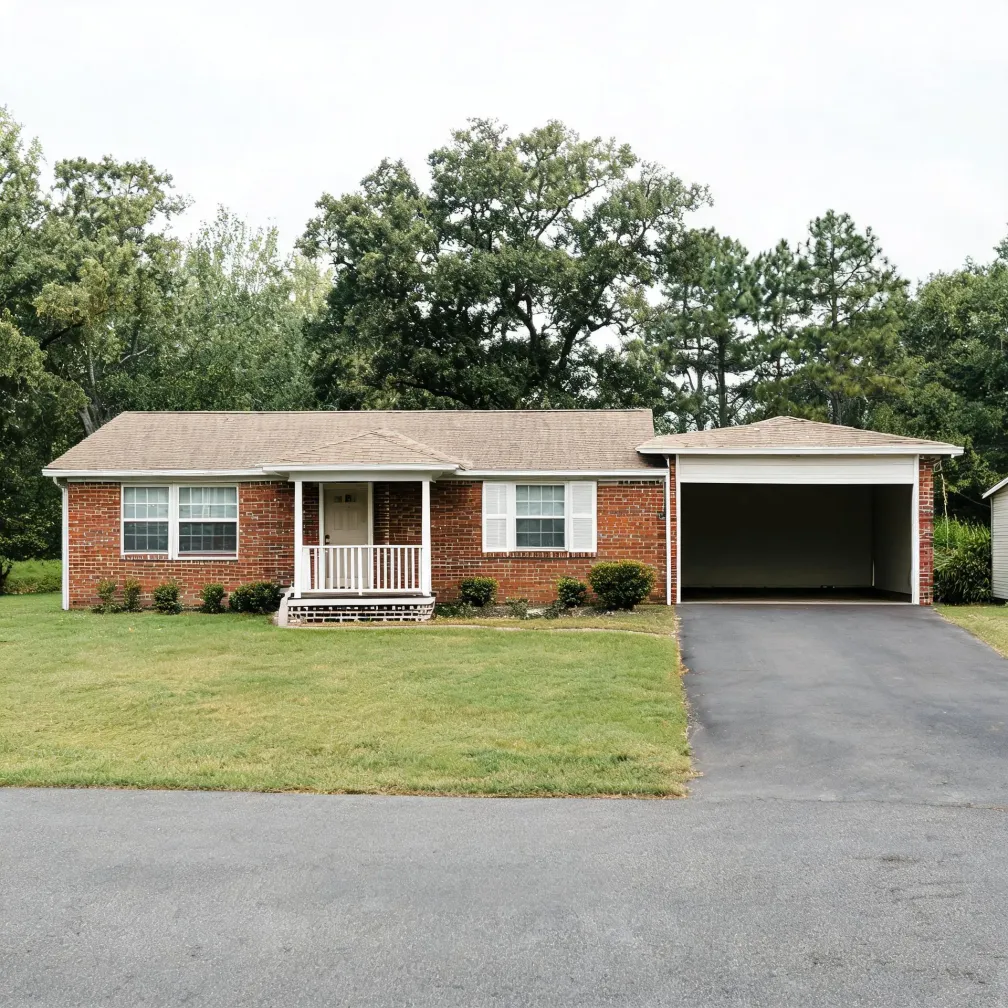 Single-story red brick ranch house with a small covered front porch, attached open carport, asphalt driveway, mowed lawn, and tall green trees behind.