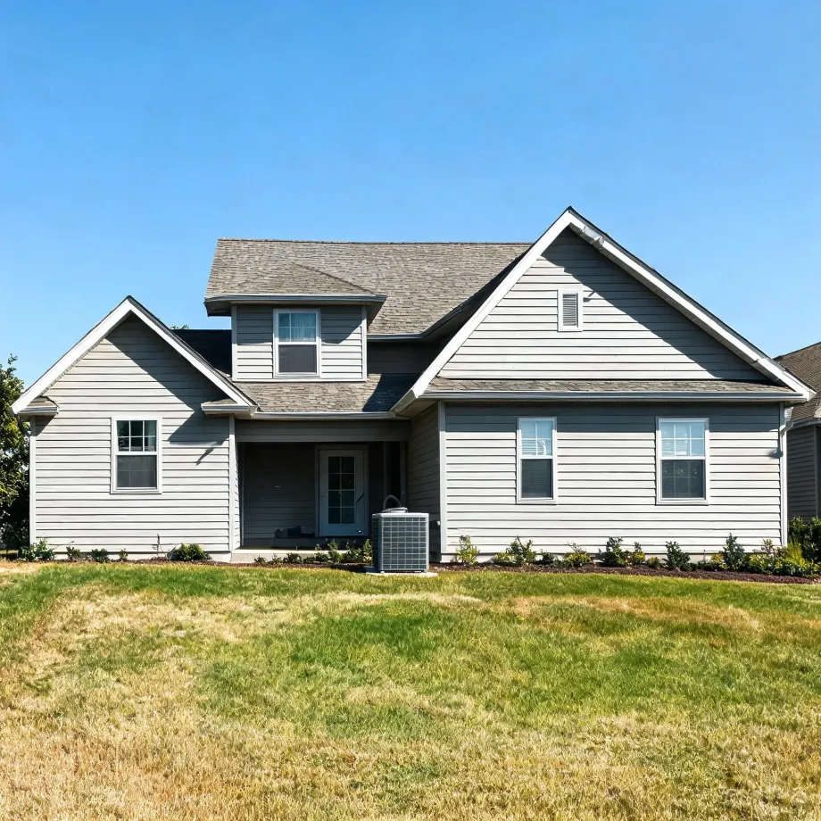 A single-story gray horizontal-siding house with multiple gables, a small second-story dormer window, a covered front entry, an outdoor air conditioning unit, young shrubs along the foundation, and a patchy green and brown lawn under a clear blue sky.