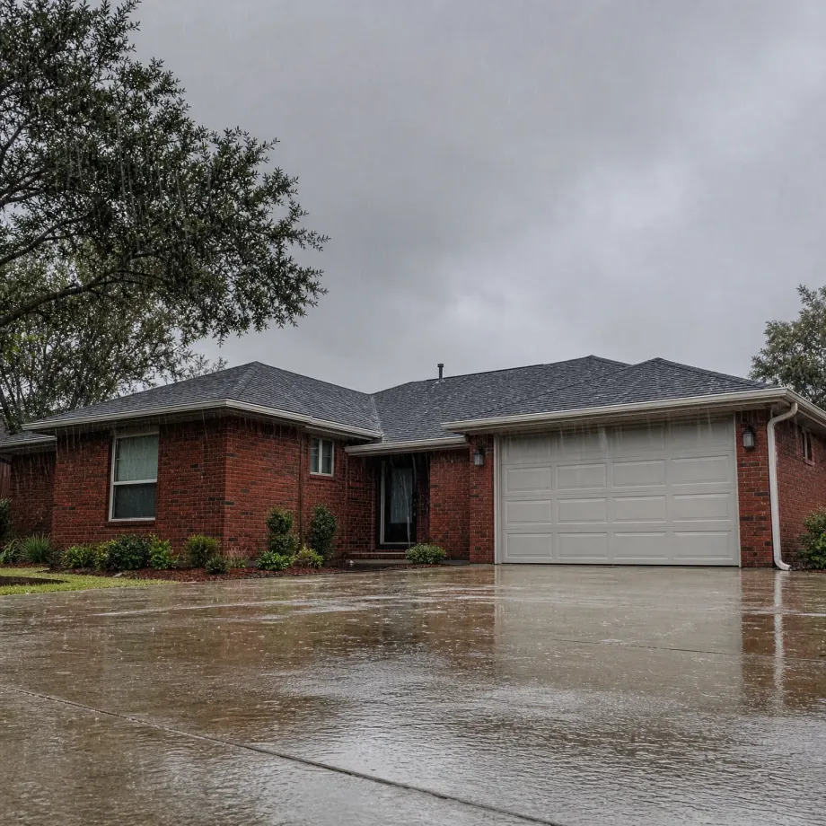 A single-story red brick house with a dark shingled roof and a white two-car garage door, seen from a wet concrete driveway under a gray overcast sky with visible falling rain and a large tree at the left.