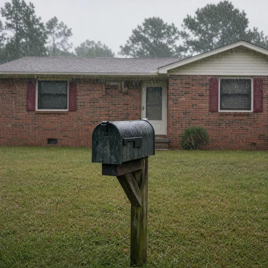 A weathered black mailbox on a wooden post stands in a green lawn in front of a single-story brick house with dark red shutters, during rainfall, with tall pine trees behind the roofline.