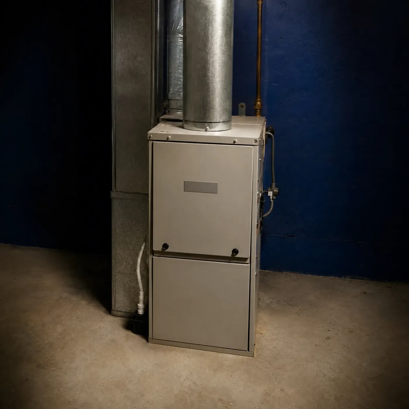 A beige gas furnace with metal flue pipe and ductwork stands on a concrete floor against a dark blue basement wall.