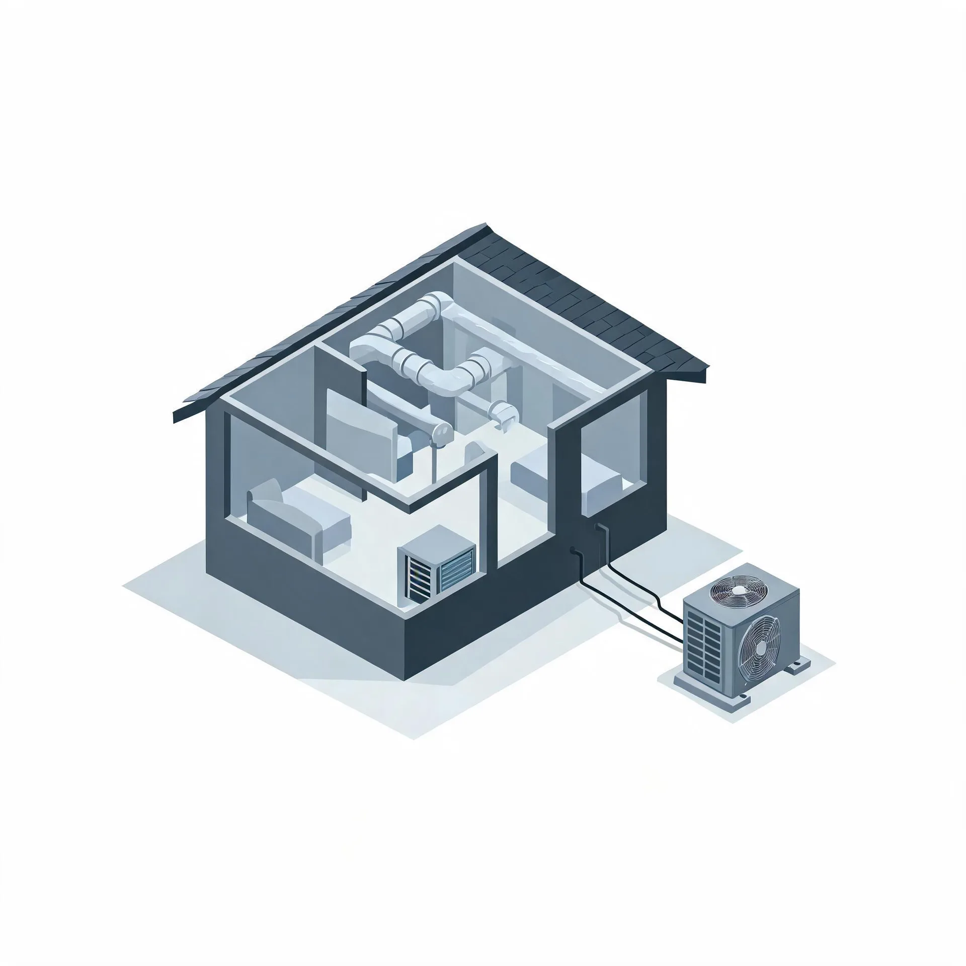 Isometric illustration of a cutaway house showing interior ductwork, an indoor air handler and furniture, connected by lines to an outdoor condenser unit on a pad.