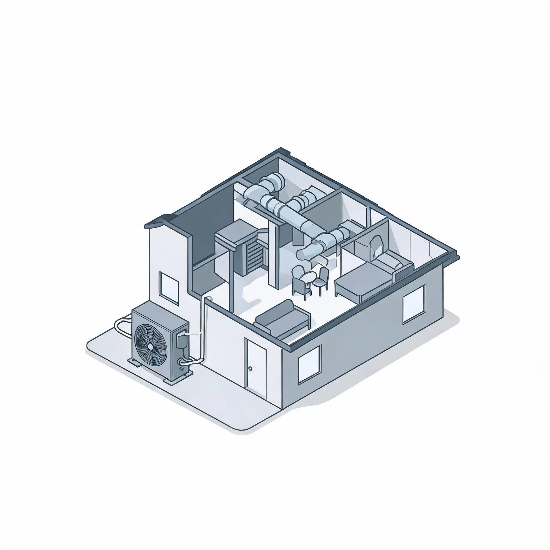 Isometric line illustration of a cutaway house showing interior rooms with furniture and ceiling ductwork, connected to an outdoor condenser unit with a fan beside the building.